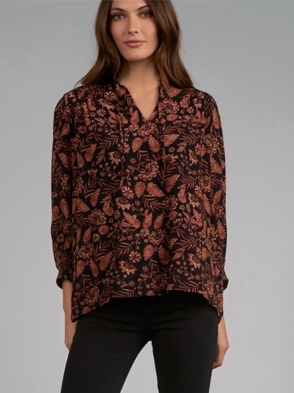 Elan Floral Boho Blouse Black Rusty Long Sleeve Peasant Top Small